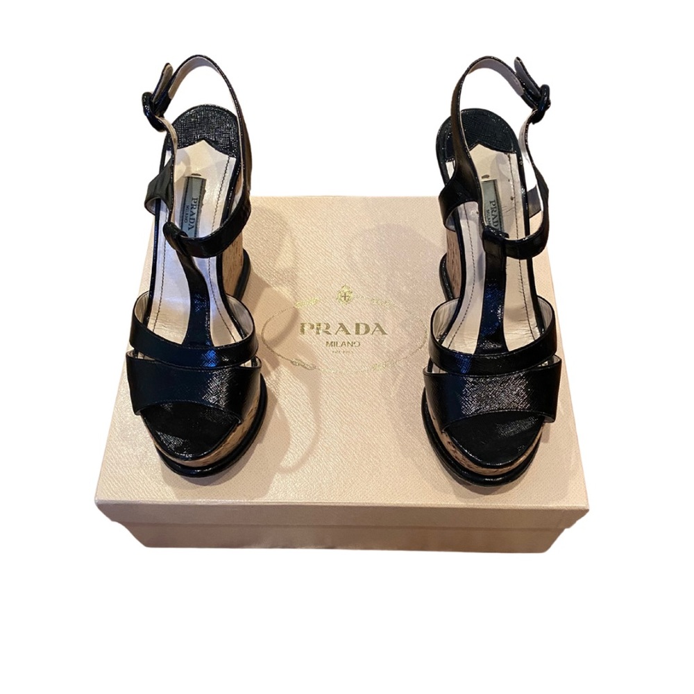 Prade T Strap Cork Wedges, Black - Picture 3 of 6